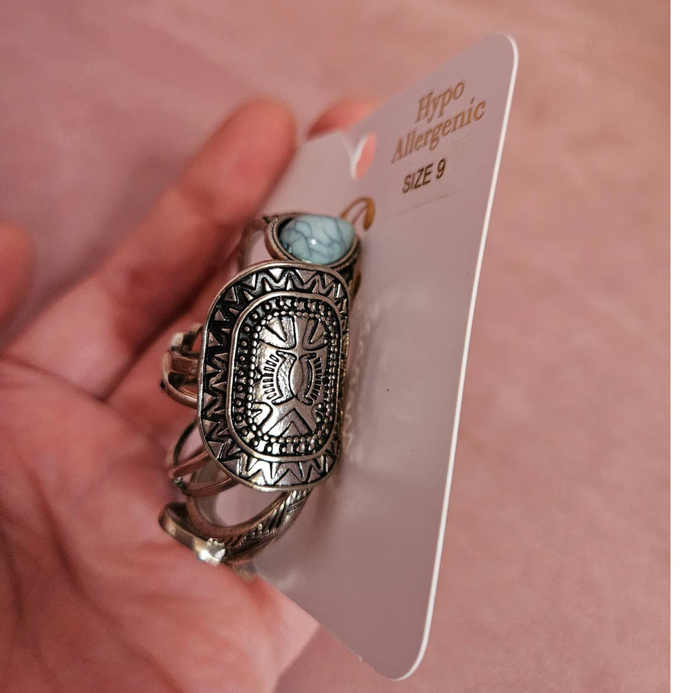 Charming Charlie Silver-Tone Mixed Metal & Faux Turquoise Light Ring Set Size 9